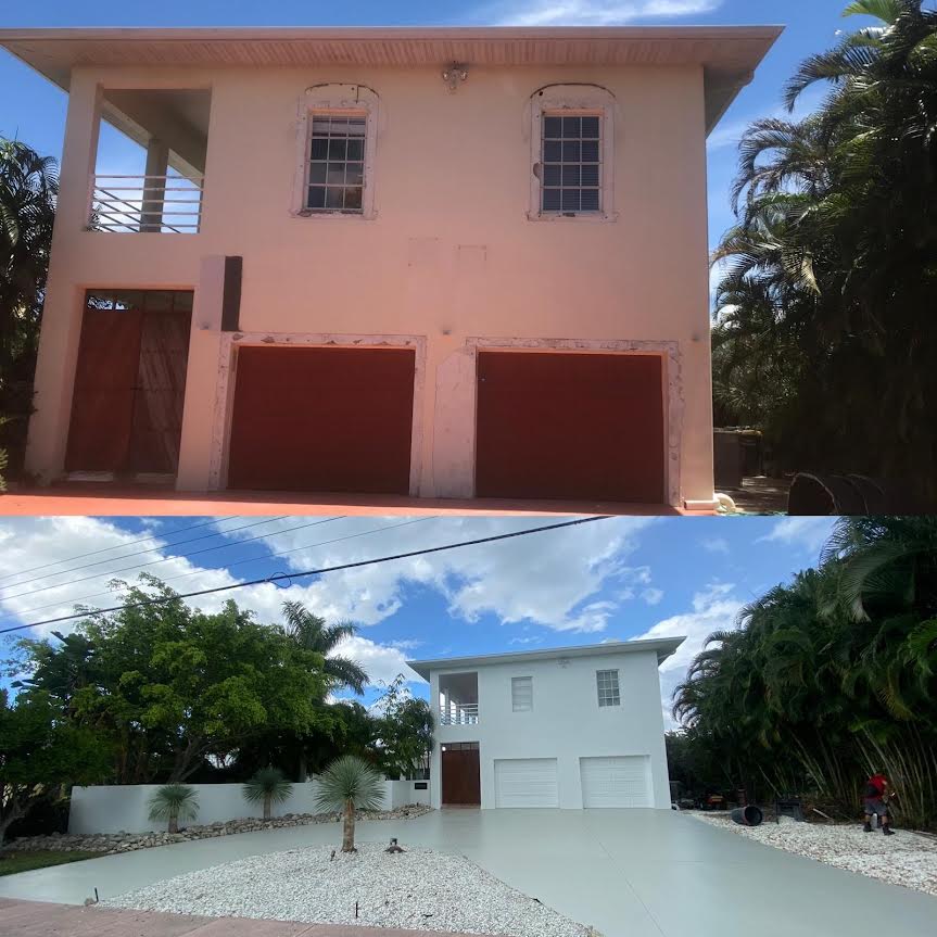 Before and after exterior painting on two-story home