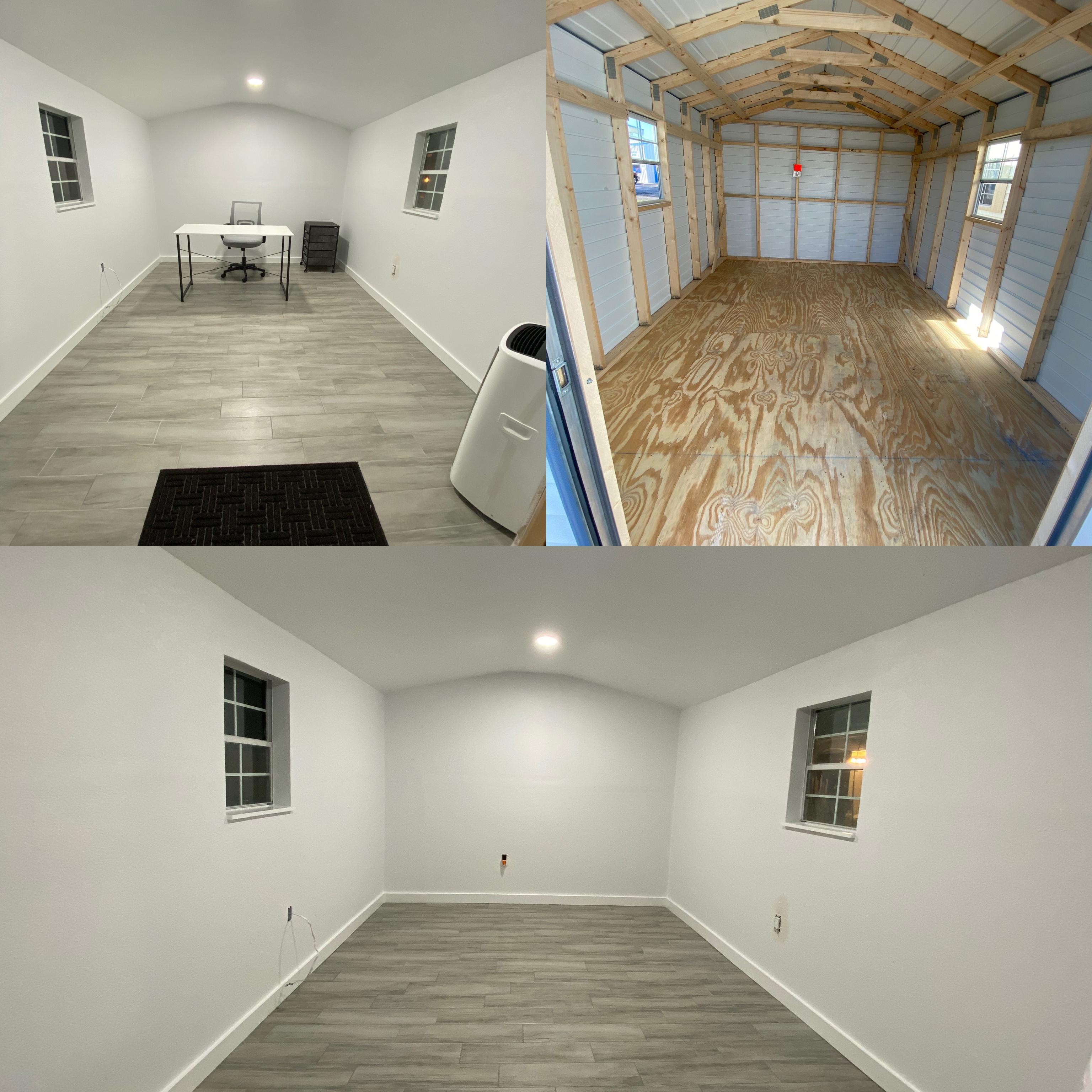 Shed converted into a finished office with drywall, electrical, flooring, and painting